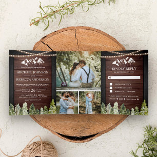 Invitación Tríptica Boda de Colaje de Fotos de Bosque de Montaña de Ma