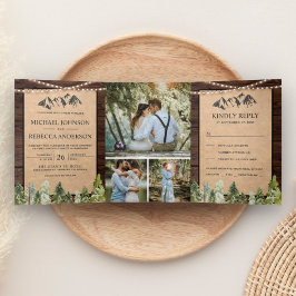 Invitación Tríptica Boda de Colaje de Fotos de Montaña Kraft Rústica e