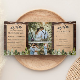 Invitación Tríptica Boda de Colaje de Fotos de Montaña Kraft Rústica e