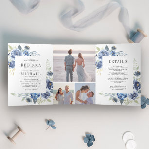 Invitación Tríptica Boda de Colaje de Fotos Floral Azul Polvoriento Rú
