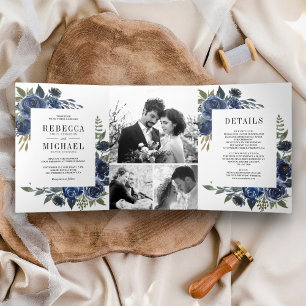 Invitación Tríptica Boda de Colaje de Fotos Florales Azul Naval Rústic