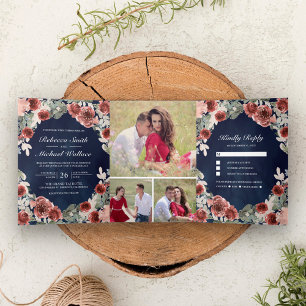 Invitación Tríptica Boda de Colaje de Fotos Florales Marsala Azul Mari