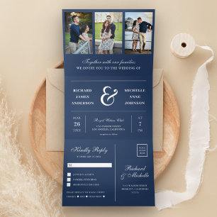 Invitación Tríptica Boda de Colaje de Fotos Minimal Azul Marinho 3 en