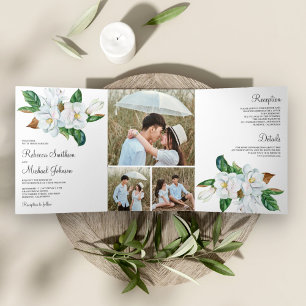 Invitación Tríptica Boda de Colaje Fotográfico Floral de Magnolia Blan