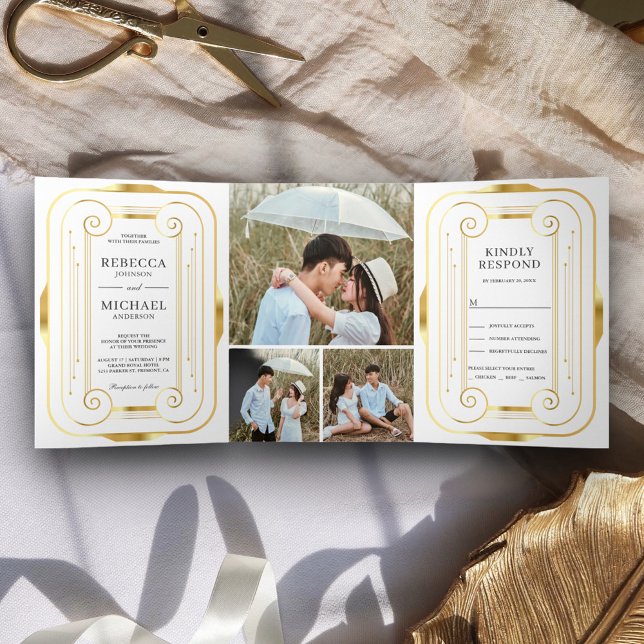 Invitación Tríptica Boda de Collage de fotos Art Deco Blanco y Relieve (Subido por el creador)