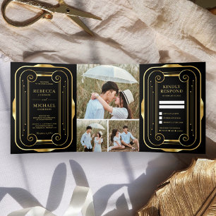 Invitación Tríptica Boda de Collage de Fotos Art Deco con Hojas de Oro