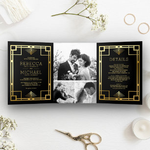 Invitación Tríptica Boda de Collage de Fotos Art Déco Negro y Dorado
