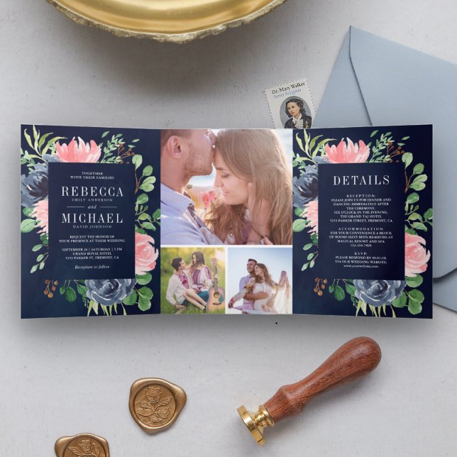 Invitación Tríptica Boda de Collage de fotos azul de la Marina Floral  (Subido por el creador)