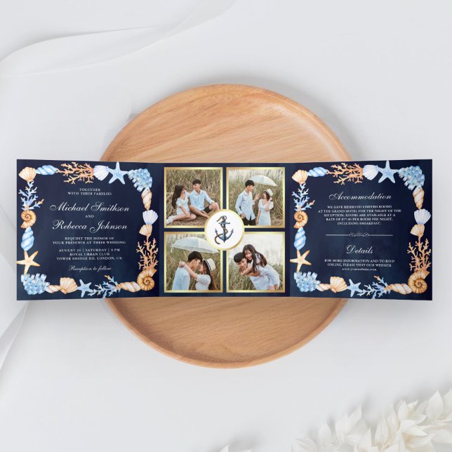 Invitación Tríptica Boda de Collage de fotos azul de la Marina Náutica (Subido por el creador)