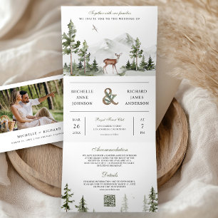 Invitación Tríptica Boda de Collage de Fotos con Código QR de Ciervo e