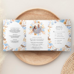 Invitación Tríptica Boda de collage de fotos con marco náutico de acua