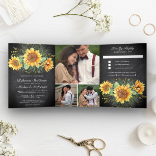 Invitación Tríptica Boda de Collage de fotos de Chalkboard de girasole