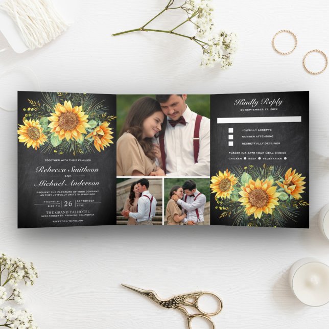 Invitación Tríptica Boda de Collage de fotos de Chalkboard de girasole (Subido por el creador)