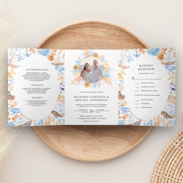 Invitación Tríptica Boda de Collage de fotos de cuadros náuticos de co (Subido por el creador)