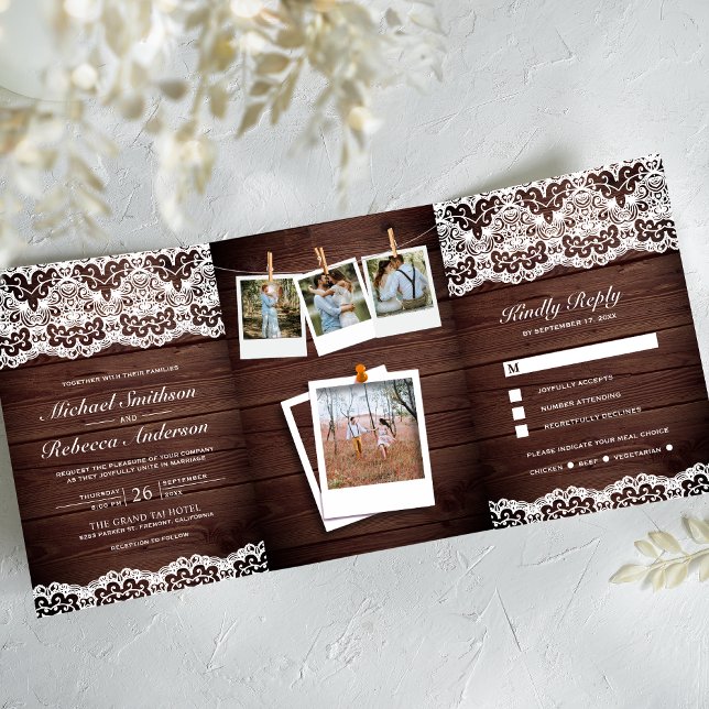 Invitación Tríptica Boda de Collage de fotos de encaje rural de madera (Subido por el creador)