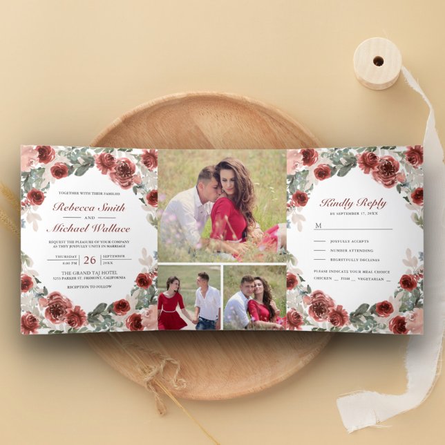 Invitación Tríptica Boda de Collage de fotos de Floral Rustic Marsala  (Subido por el creador)