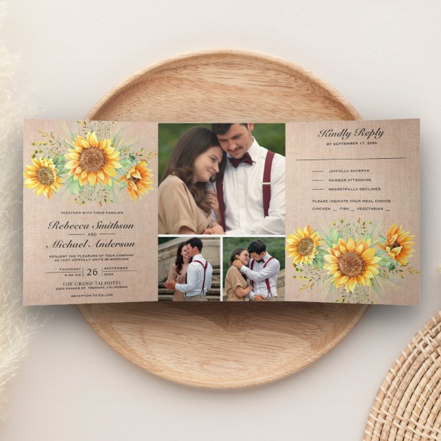 Invitación Tríptica Boda de Collage de Fotos de Girasoles en Arpillera (Subido por el creador)