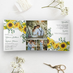Invitación Tríptica Boda de Collage de Fotos de Girasoles Rústicos Euc