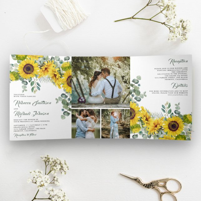 Invitación Tríptica Boda de Collage de Fotos de Girasoles Rústicos Euc (Subido por el creador)