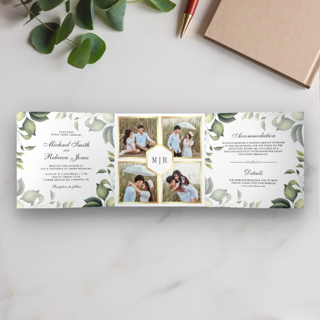 Invitación Tríptica Boda de Collage de fotos de hojas botánicas (Subido por el creador)