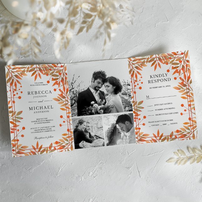 Invitación Tríptica Boda de Collage de Fotos de Hojas de Otoño Rústico (Subido por el creador)