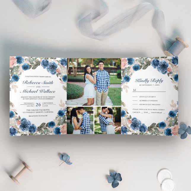 Invitación Tríptica Boda de Collage de fotos floral azul de la Marina  (Subido por el creador)