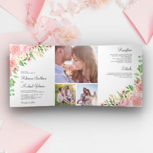 Invitación Tríptica Boda de Collage de Fotos Floral de Acuarela Rosa S