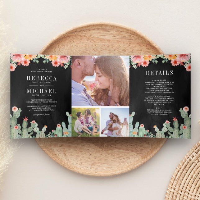 Invitación Tríptica Boda de Collage de fotos floral de Fiesta Cactus (Subido por el creador)