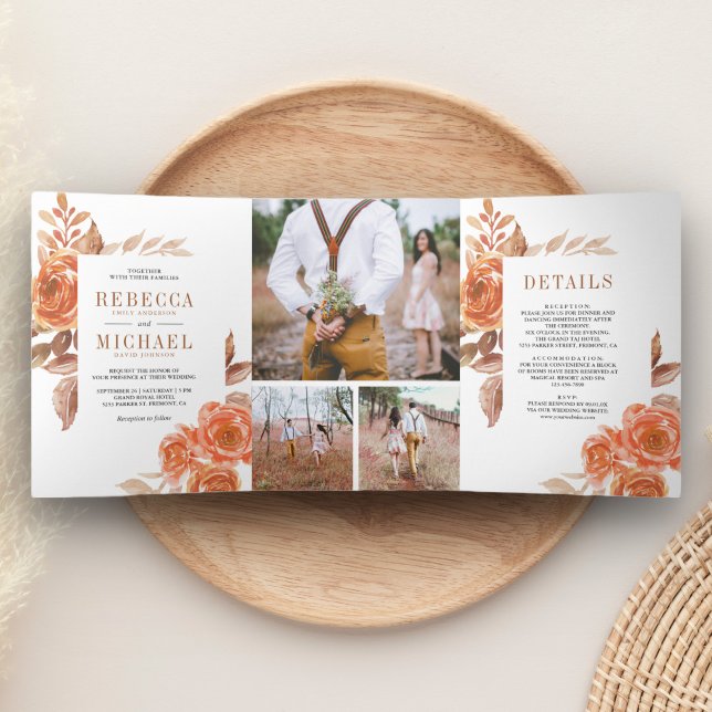 Invitación Tríptica Boda de Collage de fotos floral de Naranja quemado (Subido por el creador)