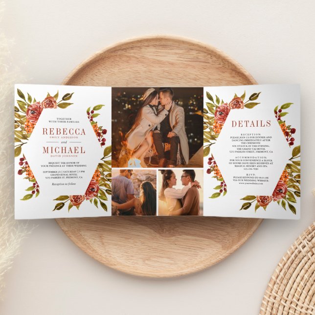 Invitación Tríptica Boda de Collage de fotos floral de Naranja quemado (Subido por el creador)