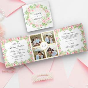 Invitación Tríptica Boda de Collage de fotos floral de rosas rosadas R