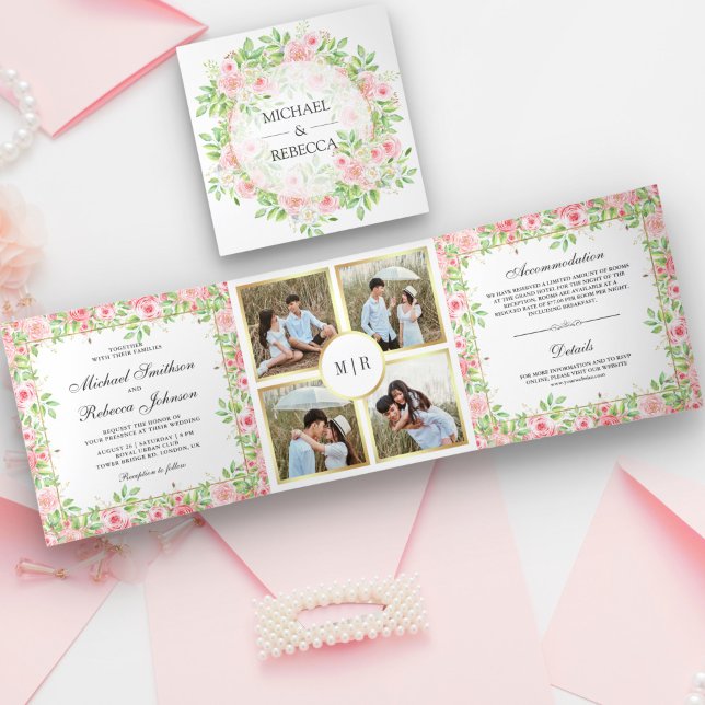 Invitación Tríptica Boda de Collage de fotos floral de rosas rosadas R (Subido por el creador)