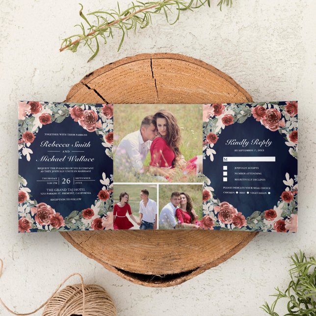 Invitación Tríptica Boda de Collage de fotos floral Navy Blue Marsala (Subido por el creador)