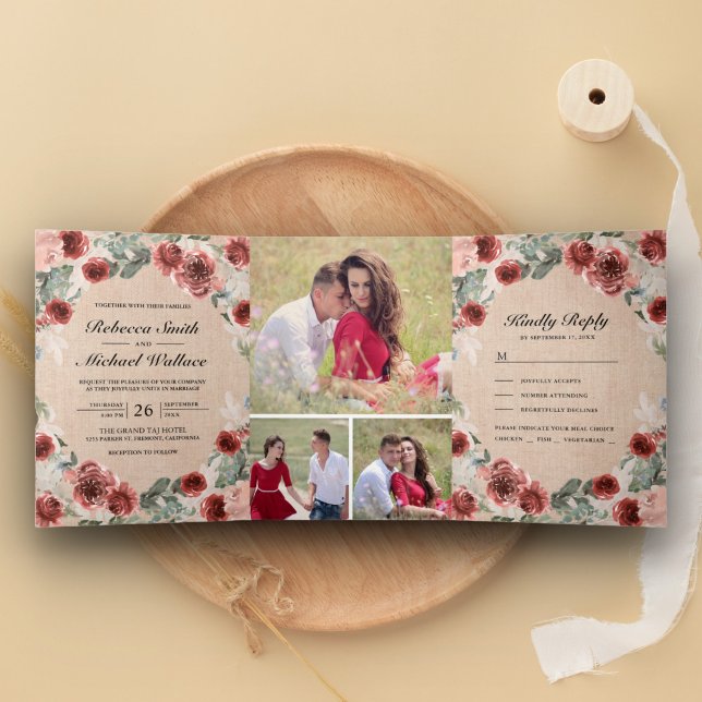 Invitación Tríptica Boda de Collage de fotos floral Rustic Burlap Mars (Subido por el creador)