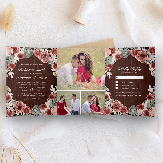 Invitación Tríptica Boda de Collage de fotos floral Rustic Wood Marsal (Subido por el creador)