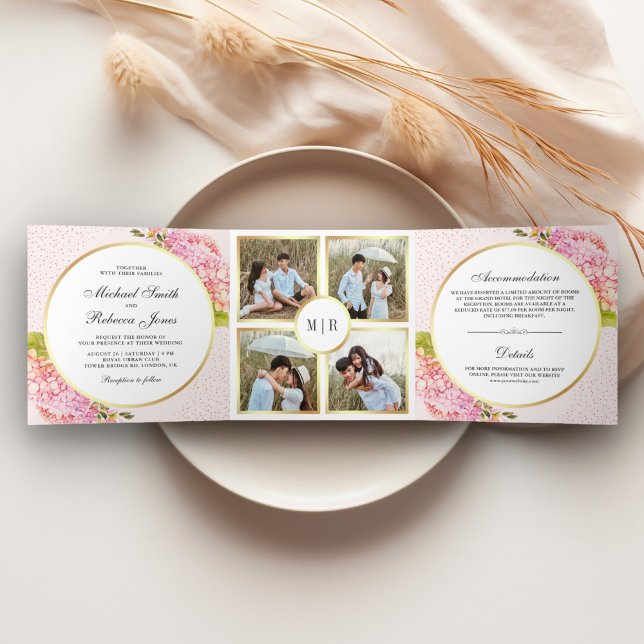 Invitación Tríptica Boda de Collage Floral de Hortensia Rosa Moderna (Subido por el creador)