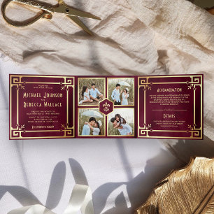 Invitación Tríptica Boda de collage fotográfico Art Déco en dorado de