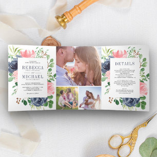 Invitación Tríptica Boda de collage fotográfico floral azul marino ros