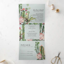 INVITACIÓN TRÍPTICA BODA DE COLOR ACUÁTICO DE CACTI FOLIAGE GRIS PINK
