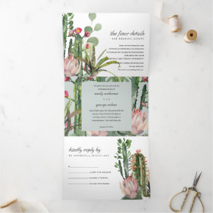 INVITACIÓN TRÍPTICA BODA DE COLOR ACUÁTICO DE CACTI FOLIAGE GRIS PINK 