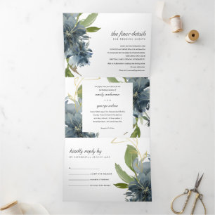 Invitación Tríptica Boda DE COLOR DE AGUA AZUL GREEN DOBLE FLORAL AZUL