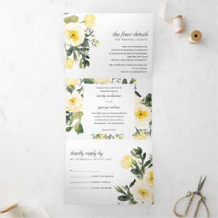 INVITACIÓN TRÍPTICA BODA DE COLOR DE AGUA DE PEONIA AMARILLA BLANCA
