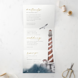 INVITACIÓN TRÍPTICA BODA DE COLOR DE AGUA DEL MAR DE LIGHTHOUSE AZUL R