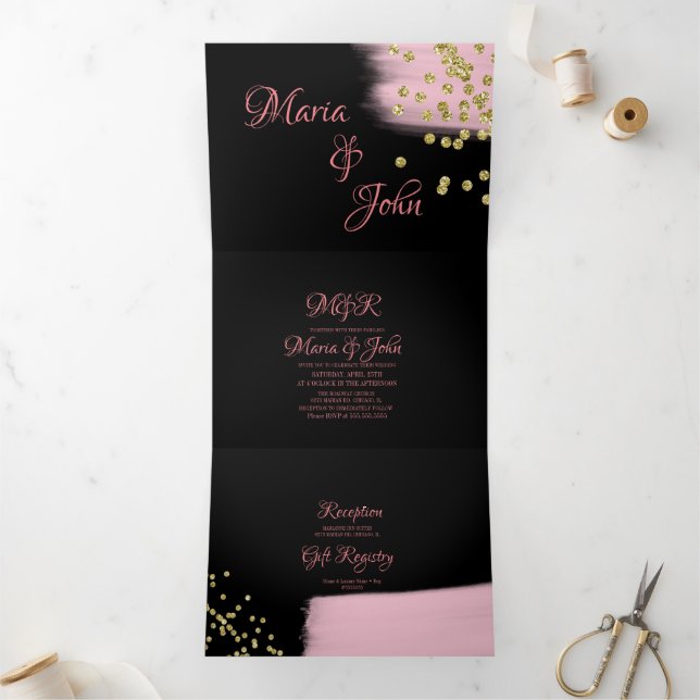 Invitación Tríptica Boda de Confetti Purpurina de Cepillo Rosa (Interior)