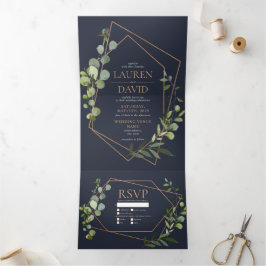 Invitación Tríptica Boda de Copper Geométrica Eucalipto Azul Elegante
