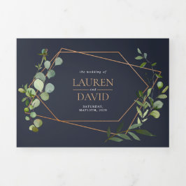 Invitación Tríptica Boda de Copper Geométrica Eucalipto Azul Elegante