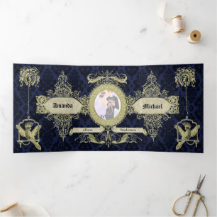 Invitación Tríptica Boda de cosecha de Damasco Azul Ornate