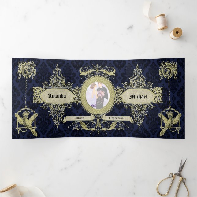 Invitación Tríptica Boda de cosecha de Damasco Azul Ornate (Interior)
