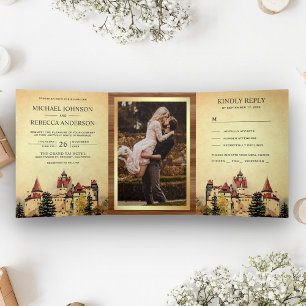 Invitación Tríptica Boda de cuento de hadas de castillo rústico de pri