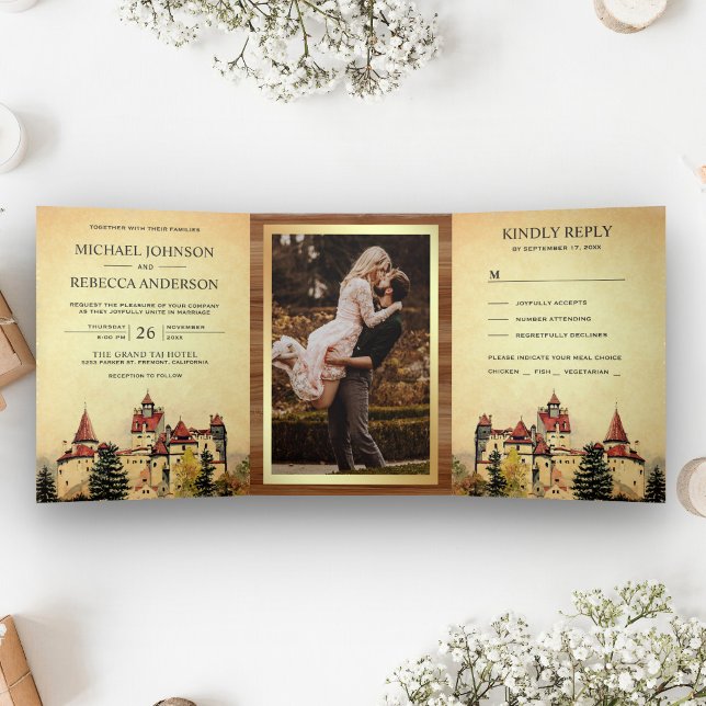 Invitación Tríptica Boda de cuento de hadas de castillo rústico de pri (Subido por el creador)